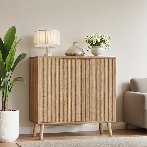 Fluted Buffet Cabinet, Free Standing Sideboard with Storage, Wood Accent Cabinet with Doors & Shelf, Multifunctional Credenza, Sideboard Buffet for Living Room, Dining Room(1, Natural) - color: Natural