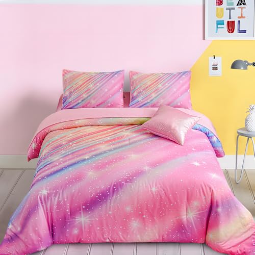 Btargot 6 Pieces Pink Gradient Star Ring Comforter Set for Boys Girls Teens, Twin Size Colorful Glitter Rainbow Star Galaxy Bedding Set - color: Pink, size: Twin