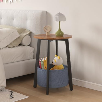 sthmec Small Round Side End Table with Storage Basket, Round Bedside Sofa Couch Coffee Tables for Small Places with Metal Frame, Modern Nighstands for Living Room Bedroom, Rustic Brown - color: Rustic Brown