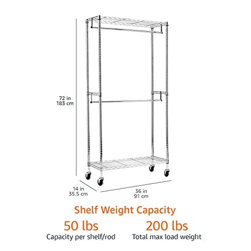 Amazon Basics Adjustable Clothes Rack for Handing, Double Hanging Rod Garment Rolling Closet Clothing Organizer, Chrome, 36'' x 14'' x 72'' - color: Chrome
