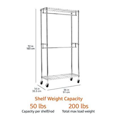 Amazon Basics Adjustable Clothes Rack for Handing, Double Hanging Rod Garment Rolling Closet Clothing Organizer, Chrome, 36'' x 14'' x 72'' - color: Chrome