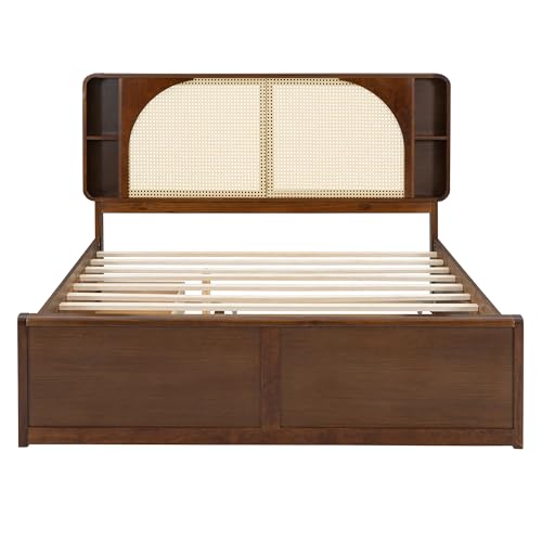 Queen Size Rattan Headboard Bed Frame with 2 Drawers and Trundle, Walnut