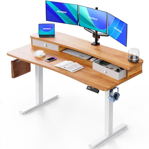 HUANUO 55″ x 26″ Electric Standing Desk with 2 Drawers, C-Clamp Mount Compatible, Height Adjustable Computer Desk, Home Office Stand Up Desk with 4 Preset Heights & 2 Hooks, Light Vintage - color: Light Vintage, size: 55" X 26"