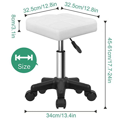 FURWOO Square Swivel Stool with Wheels PU Leather Rolling Stool Height Adjustable for Spa Salon Massage White - color: White