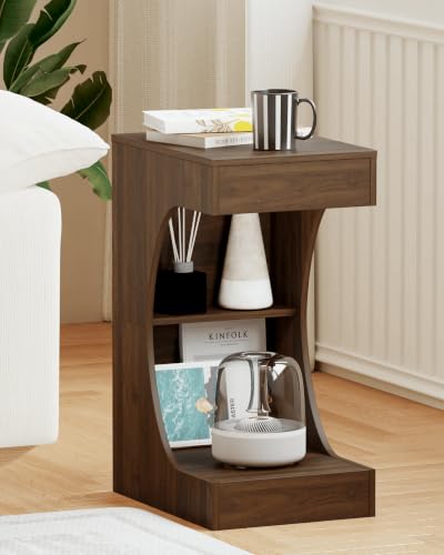 Veegle C-Shaped Side Table, Narrow End Table with Storage Shelf, C Table for Small Space, Small Coffee Tables for Living Room Bedroom (Walnut Brown)