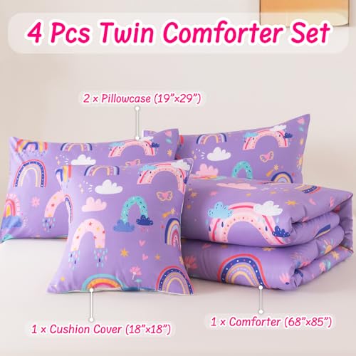 Rainbow Girls Bedding Set Twin Size, Love Hearts Rainbow Comforter Set Twin Purple Bedding Sets for Girls Kids - color: Rainbow-3, size: Twin-4pcs