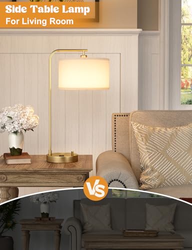 Innqoo Gold Table Lamp with USB Port and Outlet, Dimmable Nightstand Bedside Lamps with Linen Lampshade, Desk Lamp for Bedroom, Living Room, Guest Room, Home Office, LED Bulb Included - color: D-White Shade& Gold Base