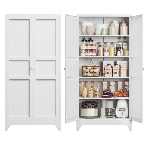 Metal Storage Cabinet Kitchen Pantry Cabinet 4 Adjustable Shelves Kitchen Pantry Cabinet for Livingroom Pantry Bathroom Kitchen 75.6" H x 35.4" W x 17.7" D White - color: White, size: 75"H Larger