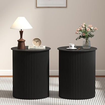 Round Fluted Side Table Set of 2, 17.7" Mid-Century Modern End Tables, Wooden Bedside Table Round Nightstand Small Circle Sofa Accent Table for Living Room, Bedroom Home(Black) - color: Black, size: 17.7"D x 17.7"W x 21.6"H