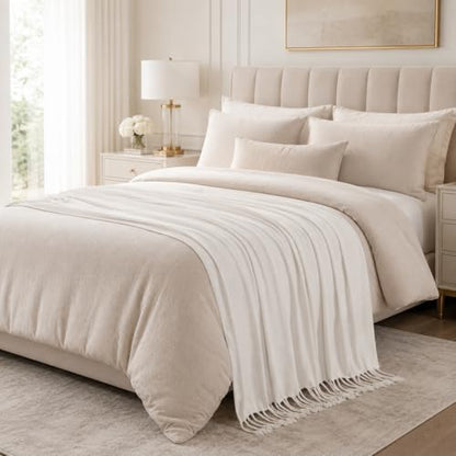 BATTILO HOME Cream White Chenille Throw Blanket, 50 x 60 Inches | Soft Chenille Knit with Handmade Fringe Tassels, Lightweight, Cozy and Less Prone to Tangling for Couch, Bed or Chair - color: Cream White