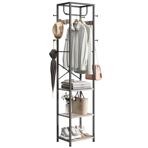 Coat Rack Freestanding, Hall Tree with 3 Shelves and 12 Hooks, Greige | Industrial Metal Frame, Space-Saving Design, Clothes Rack Stand Organizer for Bedroom, Hallway, Entryway, Office, Living Room - color: Greige