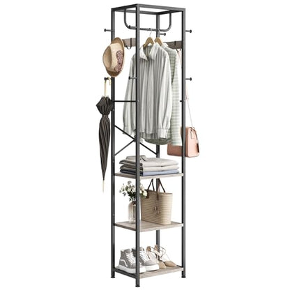 Coat Rack Freestanding, Hall Tree with 3 Shelves and 12 Hooks, Greige | Industrial Metal Frame, Space-Saving Design, Clothes Rack Stand Organizer for Bedroom, Hallway, Entryway, Office, Living Room - color: Greige