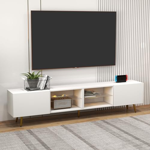 Bonzy Home 86" LED TV Stand, Modern Entertainment Center for 75" TV, White | Long Television Table for TV up to 75" 80" 85", Media Console with Storage Cabinets for Living Room - color: White