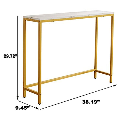 loglus Small Console Table for Entryway, Faux Marble MDF Sofa Table with Golden Frame, Single Layer, White Marble, 9.45" D x 38.19" W x 29.72" H - color: White Marble, style: Single Layer
