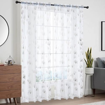 Silver Foil Print Sheer Curtains 84 inches Long, 2 Panels Ginkgo Bronzing Treatment Sheer Curtain, Rod Pocket Window Treatment Panels for Bedroom Living Room - color: Ginkgo/Silver/White, size: 52"W x 84"L (Pack of 2)