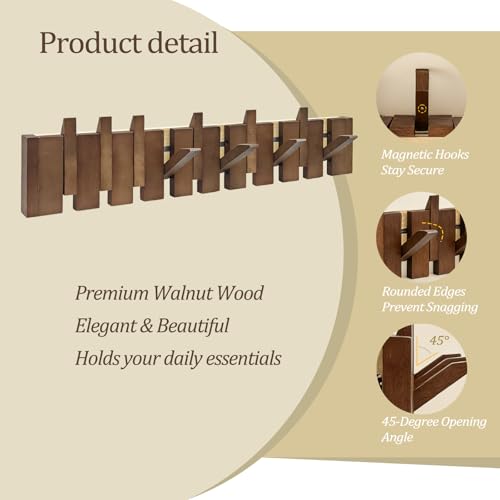 26.8" Wooden Piano Key Coat Rack Wall Mounted, 10 Hooks Natural Walnut Wall Coat Rack, Wall Mounted Coat Rack for Hanging Coats/Hats/Keys/Towels/Bags - size: 10 Hooks