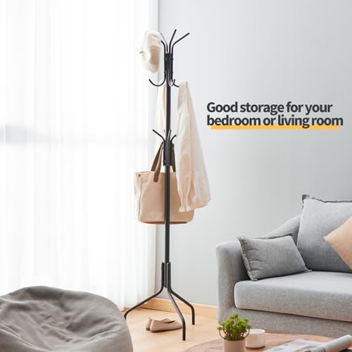 Coat Rack Freestanding,hat and coat rack stand for entryway,Living Room,Bedroom,Metal coat tree with12 Hooks and 3 Legs (Black) - color: Black