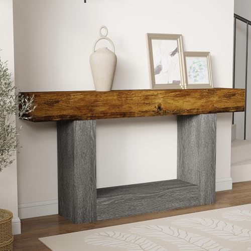 Spaco 63'' Long Console Table,2 Tier Farmhouse Entryway Table Sofa Table with Storage,Wood Behind Couch Table for Living Room, Hallway,Foyer - color: Rustic Brown W/Grey Leg (63'')