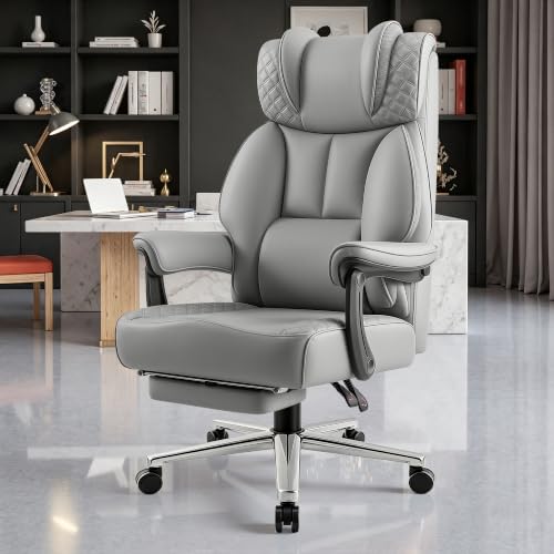BestGlory Office Desk Chair, Big and Tall Leather Gaming Chair with Footrest, Ergonomic Comfy Executive High-Back Reclining Computer Chairs, Wide Swivel Rolling Wheels and Padded Lumbar Support, Gray - color: Grey, style: Freely Reclining