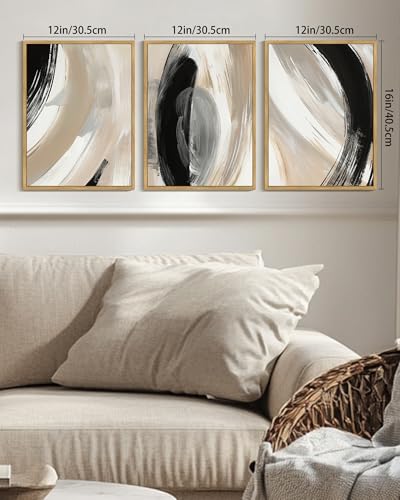 KUVIOKE Black Abstract Framed Wall Art Neutral Minimalist Graffiti Pastel Wall Decor Modern Illustration Art Painting for Bedroom Dining Room 12x16in (Natural Framed) - color: Black Abstract, size: 12 x 16in x 3 Panels Natural