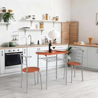 VINGLI 3 Piece Dining Set, Small Kitchen Table Set for 2, Breakfast Table Set, Kitchen Wooden Table with 2 Chairs for Small Space/Dining Room/Apartment, Metal Frame, Wine Rack, Russet - color: Russet