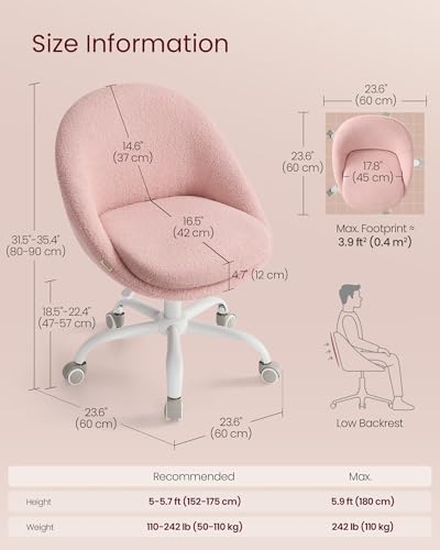 VASAGLE Vanity Chair, Adjustable Swivel with Lumbar Support | Armless desk chair, teddy fleece, compact for small spaces, bedroom, Jelly Pink UOBG020R93 - color: Jelly Pink, size: Set of 1, style: Vanity Chair