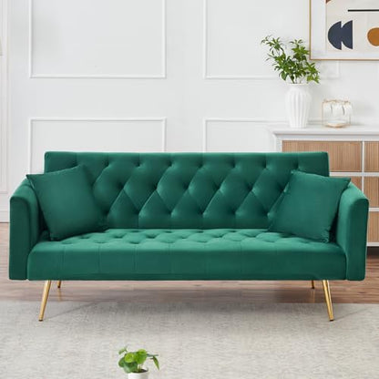 71" Modern Velvet Sofa Bed Futon, Convertible Sleeper Couch, Adj. Backrest | Tufted Recliner Loveseat Design with Golden Chrome Legs & 2 Pillows, Perfect for Small Spaces, Living Room, Apartment - color: Green