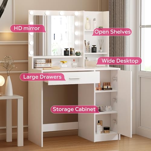 Palimder Vanity Desk with Mirror & Light, Large Drawer Three Level Storage Dresser, 3 Lighting Modes Adjustable Brightness, Bedroom Dressing Table - color: Purewhite