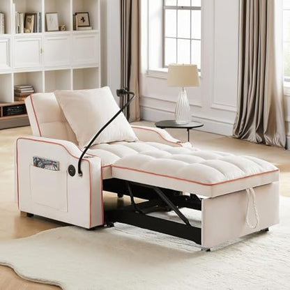Sleeper Sofa Chair Bed 3 in 1 with Charging Ports, Phone Holder & Cup Holders - Modern Velvet Convertible Pull Out Single Sofa Bed for Small Spaces, Apartment, Dorm (Beige) - color: Beige