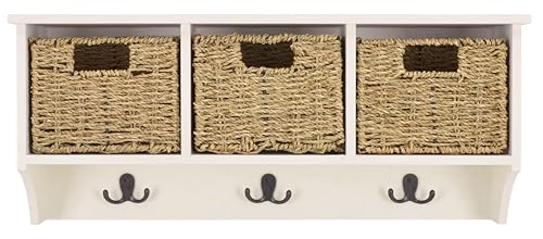 SAFAVIEH Home Collection - Finley Ivory Wall Mounted 3-Basket Storage Rack with Hooks & Seagrass Baskets (HAC5700H) - color: Ivory