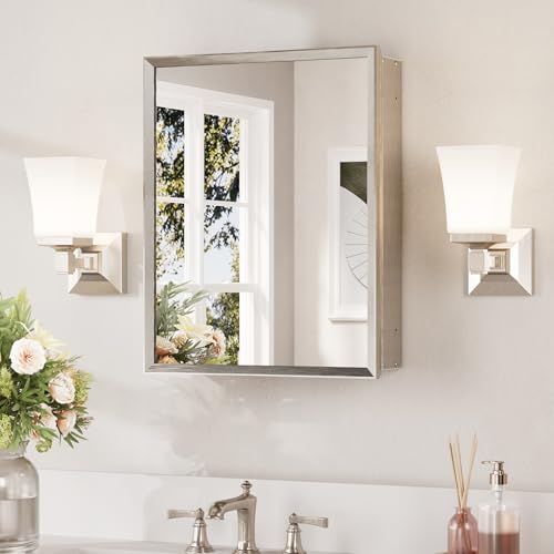 Keonjinn Small Medicine Cabinet with Mirror 14 x 18 Inch, Brushed Nickel | Assembly Needed, Adjustable Shelves, Wall-Mounted or Recessed Bathroom Mirror with Storage, Ideal for Compact Apartment - color: Brushed Nickel, size: 15x19 In