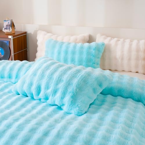 Fluffy Blue Duvet Cover Twin Set, Soft Shaggy Plush Rabbit Bedding Set 2 Pieces (1 Fuzzy Comforter Cover + 1 Faux Fur Pillow Cases) Zipper Closure（Blue, Twin） - color: Blue, size: Twin