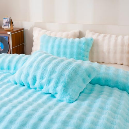 Fluffy Blue Duvet Cover Twin Set, Soft Shaggy Plush Rabbit Bedding Set 2 Pieces (1 Fuzzy Comforter Cover + 1 Faux Fur Pillow Cases) Zipper Closure（Blue, Twin） - color: Blue, size: Twin