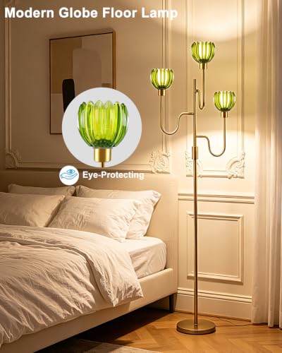 Lightdot Dimmable Green Glass Floor Lamp Mid Century Modern Gold Floor Lamps with Warm White Bulbs Included 3-Arm Standing Tall Lamp with 5Lbs Heavy Base for Living Room/Bedroom/Home Office - color: 3 Green Tulip-Gold