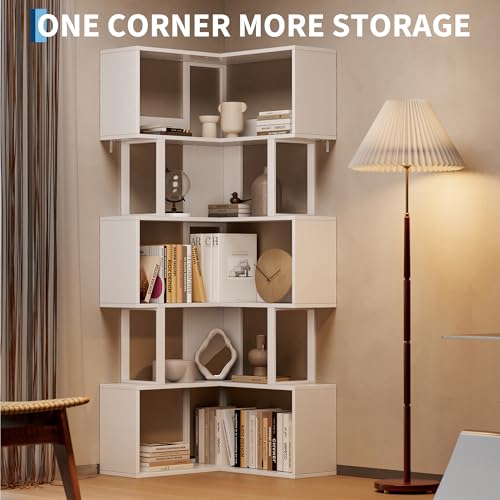 Garvee Corner Bookshelf, 62.6" Tall Metal Wooden Bookcase, Modern Freestanding Corner Shelf with Baffle, 5-Tier L-Shaped Display Rack Storage Organizer for Home Office, Living Room | Modern Freestanding Corner Shelf with Baffle, 5-Tier L-Shaped Display Ra