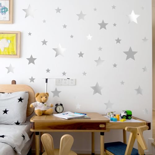 Silver Star Wall Stickers 117 PCS Removable Peel and Stick PVC Silver Stars Decals for Living Room Bedroom Wedding Baby Shower Birthday Christmas Decorations - color: Silver