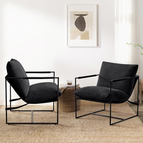 Furnilivng Large Sling Accent Chair, Comfortable Boucle Fabric Arm Chair, Upholstered Cozy Reading Chair for Living Room, Bedroom, Dressing Room, Home Office (Black, Set of 2) - color: Black, size: Set of 2