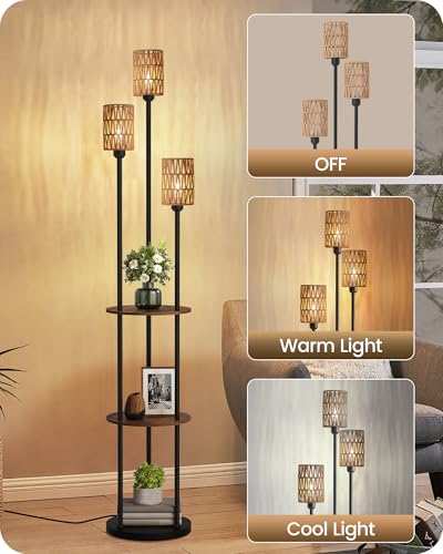 Floor Lamp with Shelves, Boho Floor Lamp with Foot Switch, 3-Light Standing Lamp, for Living Room, Bedroom, Study, Rustic Brown and Yellow YF53LD05 ﻿ - color: Rustic Brown+Rattan
