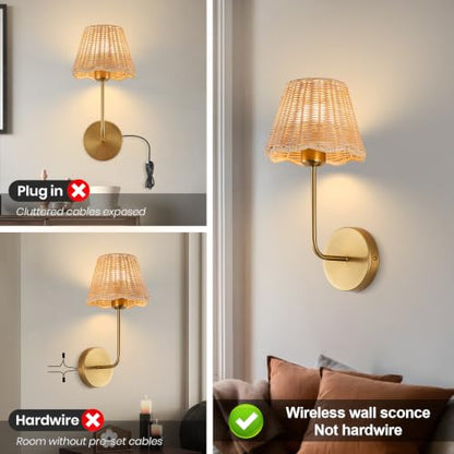 Battery Operated Wall Sconces Set of 2, Rattan Shade, Gold, 18.5in | Wireless, RGB Rechargeable Dimmable, Boho Style, For Bedroom, Living Room, Hallway, Bulbs Included - color: Gold 18.5in