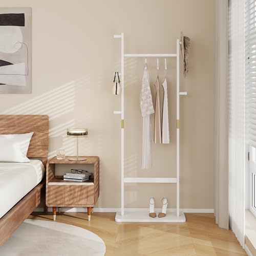 Solid Wood Coat Rack Freestanding, 71" Heavy Duty Clothes Rack with Dual Rods & Hooks, Stable Space Saving Hall Tree Entryway Organizer for Bedroom, Living Room (White) - color: White