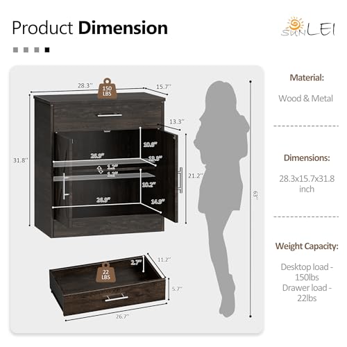 Kitchen Buffet Sideboard Cabinet, Wooden Storage Cabinet with 2 Doors and 1 Drawers, Adjustable Shelf, Modern Farmhouse Coffee Bar Cabinet with Storage for Kitchen, Rustic Brown - color: Brown, size: 28.3 inch