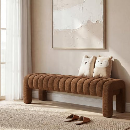 63" Bedroom Bench, Upholstered Entryway Bench, Modern End of Bed Ottoman with Solid Wood Legs and Adjustable Foot Pegs for Entryway, Dining Room and Living Room (Rust Brown Boucle) - color: Rust Brown Boucle, size: 63"