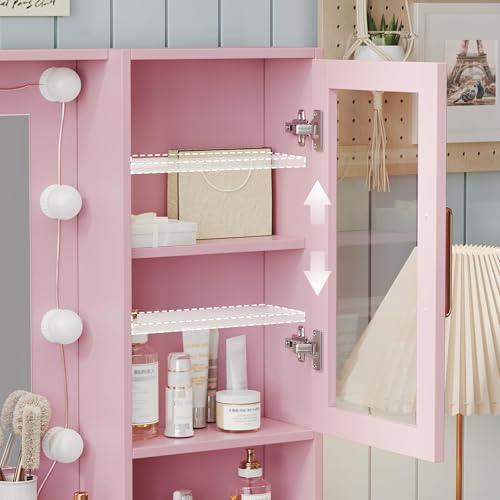 Makeup Vanity with Lights & Charging Station, Pink Vanity Table with 5 Drawers & Open Storage Shelves, Vanity Desk with Mirror & Lights, Dressing Table Set, Bedroom Makeup Table Set Gold Handle - size: 35.4 inch, style: Modern Pink