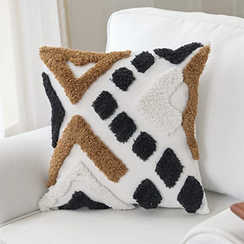 IKATYARN 18 x 18 Inches Geometric Tufted Chenille Throw Pillow Cover, Boho Modern Decorative Cushion Case, Farmhouse Pillowcase for Couch Sofa Bedroom Living Room, Tan Charcoal White - color: Multicolored Pattern