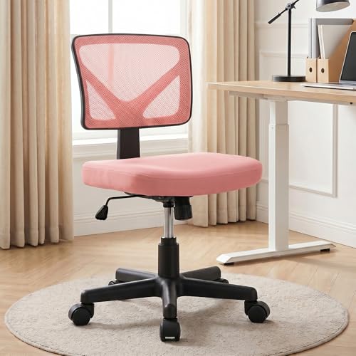OLIXIS Armless Home Office Chair, Ergonomic Small Desk Chair | Mesh Back, Removable Washable Foam Cushion, Height Adjustable, Rolling Swivel Wheels, Small Space, Pink - color: Pink