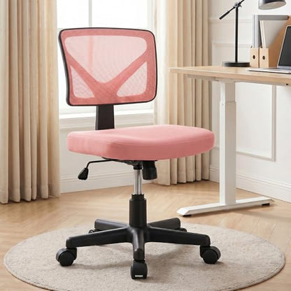 OLIXIS Armless Home Office Chair, Ergonomic Small Desk Chair | Mesh Back, Removable Washable Foam Cushion, Height Adjustable, Rolling Swivel Wheels, Small Space, Pink - color: Pink