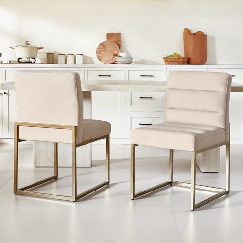 GrandNoor Modern Khaki Linen Fabric Dining Chairs Set of 4, Soft Thick Upholstered Kitchen Chairs with Gold Sturdy Metal Legs,Adjustable Foot Pads Dining Room Chairs - color: Khaki Linen, size: 4PCS Dining Chairs