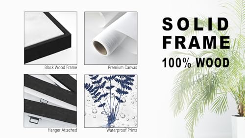 Large Framed Botanical Wall Art, Navy Blue Leaf Decor, 20"x28" Set of 3 | Black Solid Wood Framed Minimalist Canvas Prints, Vintage Plant Painting Rustic Fern Pictures for Living Room Bedroom Office - color: navy, size: 20"x28"x3 Framed