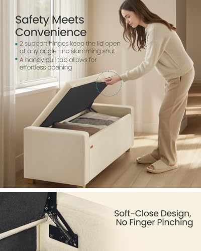 SONGMICS Storage Ottoman, Storage Chest Bench with Legs, End of Bed Bench with Safety Hinges, Pull Tab, for Living Room, Bedroom, 19.7 x 47.6 x 16.5 Inches, Linen-Look Fabric, Summer Sand ULOM511LF01 | Foot Rest with Legs, 19.7 x 47.6 x 16.5 Inches, End o