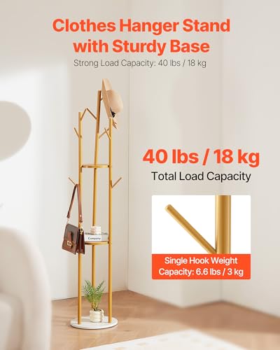 VEVOR Coat Rack, Freestanding Coat Rack Stand with Quartz Stone Base & 9 Hooks, Free Standing Hall Coat Tree for Entryway, Bedroom, Office, Living Room, Modern Clothes Hanger for Coat, Hat, Scarf, Bag - style: with Storage Board